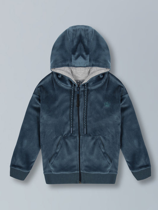 Girls Crown Stone Velour Zip Through Hoodie- MidNight Blue