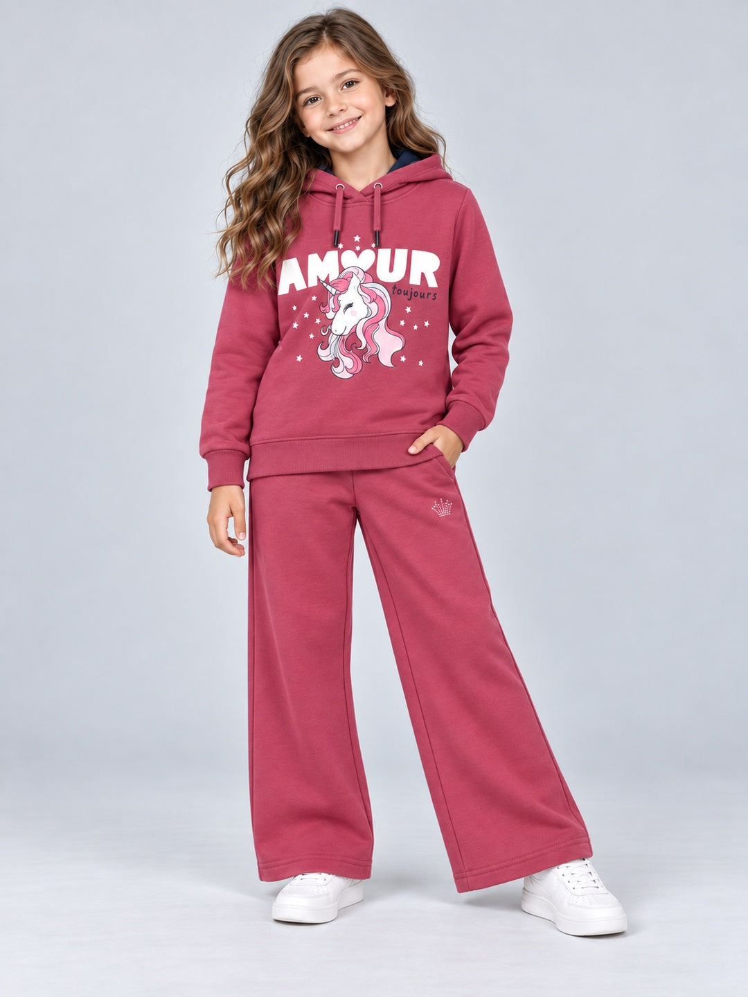 Girls Premium Soft Cotton Hooded Sweatshirt and Wide Leg Pant Set