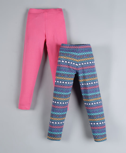 Plum Tree Girls aztec printed and solid Leggings( Pack of 2) -NAVY & PINK