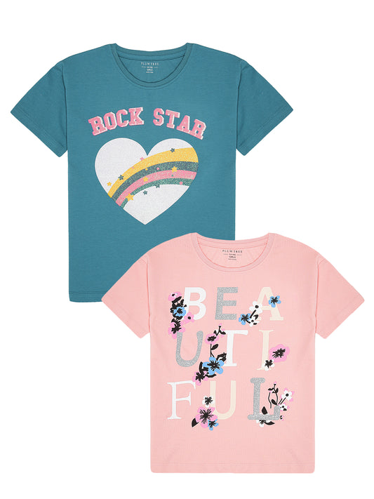 Girls Set of 2 Pure Cotton Oversized T-shirt-PINK BLUE