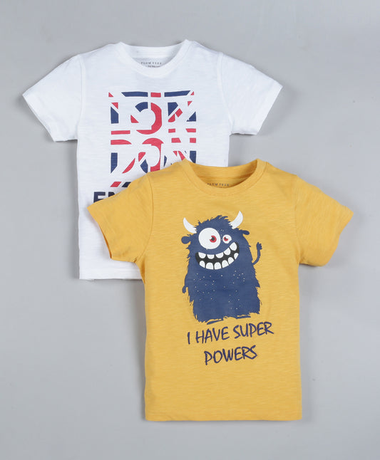Plum Tree Boys Half Sleeve UK Flag Print T-shirt( Pack of 2)-YELLOW OFF WHITE