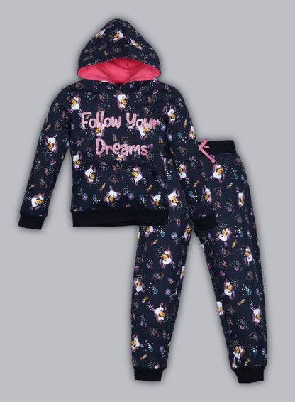 Unicorn Printed Hoodie Sweatshirt and Printed Jogger set- Navy