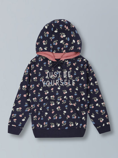 Girls Flower AOP & Just Be Yourself Hooded Cotton  sweatshirt - MidNight Navy