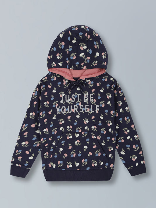 Girls Flower AOP & Just Be Yourself Hooded Cotton  sweatshirt - MidNight Navy