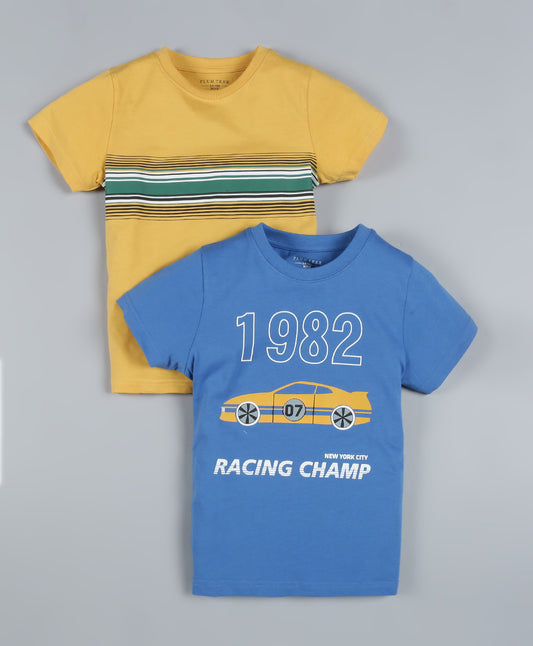 Plum Tree Boys Half Sleeve Car Print T-shirt( Pack of 2)-BLUE YELLOW