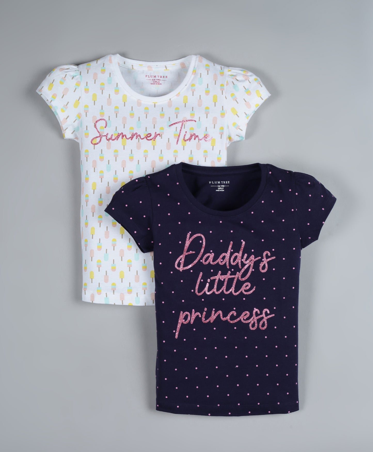 Plum Tree Girls Icecream Print T-shirt ( Pack of 2)-NAVY OFF WHITE