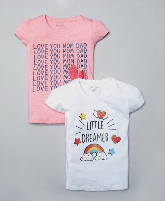 Plum Tree Girls Love your Mom & Dad Print  T-shirt( Pack of 2)-OFF WHITE & PINK