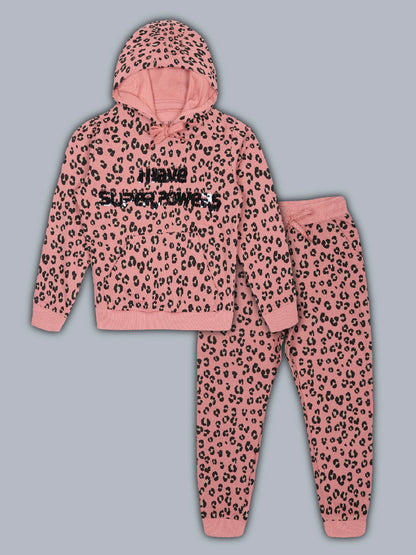 Sequins Hoodie Sweatshirt and Printed Jogger set- Pink