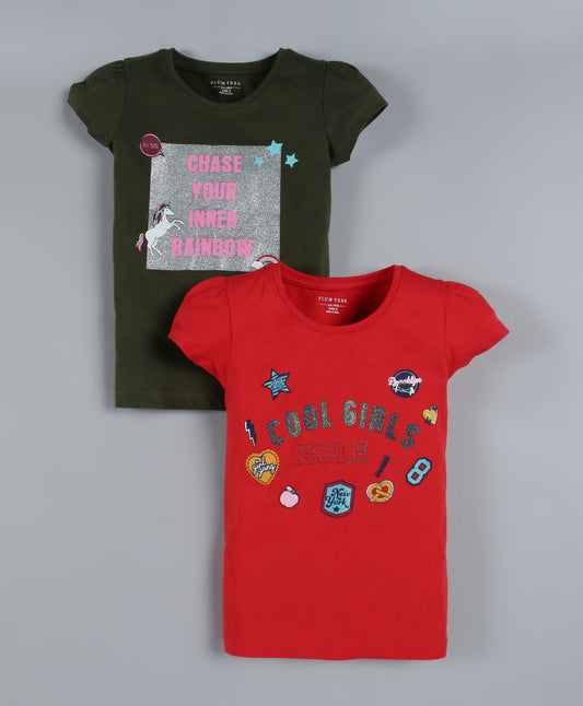 Plum Tree Girls Cool Girls Print  T-shirt( Pack of 2)-RED & OLIVE