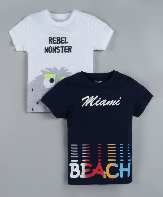 Plum Tree Boys Half Sleeve Chameleon  Print T-shirt( Pack of 2)-DARK BLUE OFF WHITE