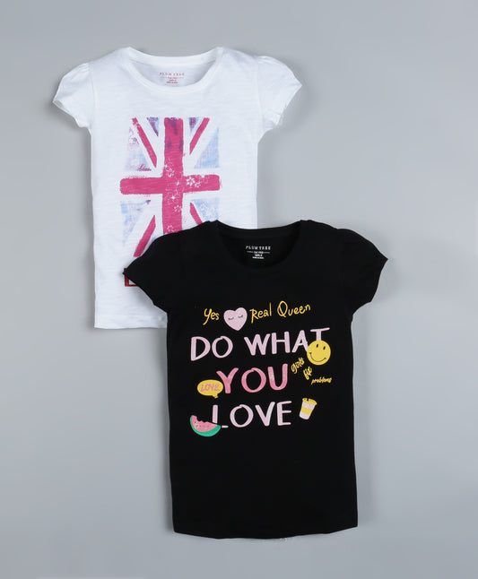Plum Tree Girls London Print  T-shirt( Pack of 2)-BLACK & OFF WHITE