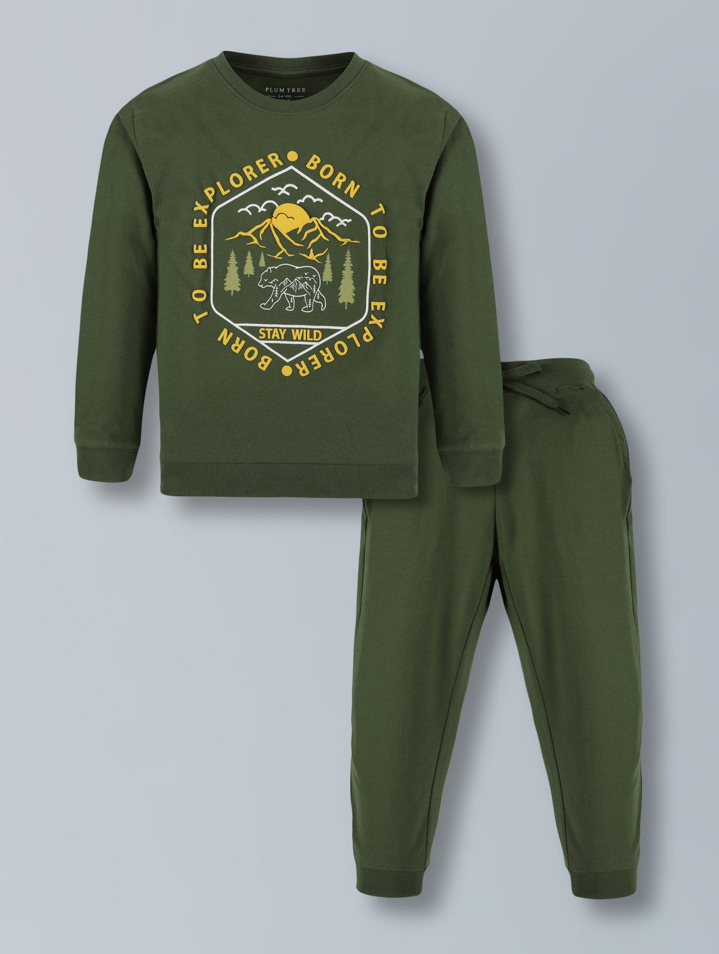 Plum Tree Boys 100% Cotton Full Sleeve Born To Explorer T-Shirt & Jogger Set ( Pack Of 2) - Mist Green