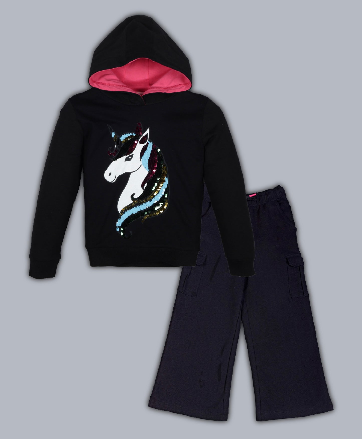 Reversible Sequins Hoodie Sweatshirt and Solid Cargo Pant set- Black
