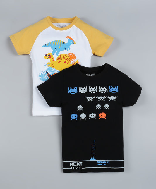 Plum Tree Boys Half Sleeve Dinosaur Print T-shirt( Pack of 2)-BLACK OFF WHITE