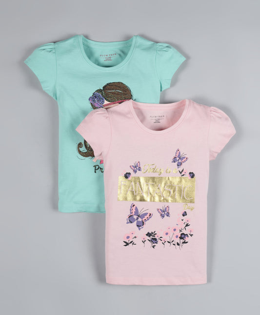 Plum Tree Girls Butterfly Print T-shirt ( Pack of 2)-PINK GREEN
