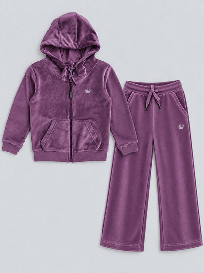 Girls Premium Velour Full Zipper Hooded Sweatshirt and Wide Leg Pant Set