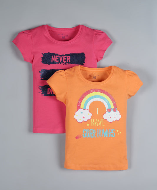 Plum Tree Girls Dreaming Print T-shirt ( Pack of 2)-ORANGE DARK PINK