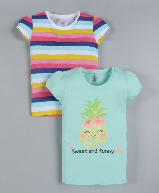 Plum Tree Girls Pineapple Print  T-shirt( Pack of 2)-POOL BLUE & STRIPER