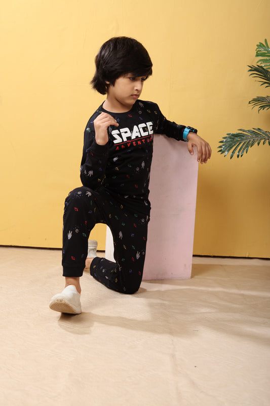 Plum Tree Boys 100% Cotton  Full Sleeve Space Theme Printed T-Shirt & Jogger Set ( Pack Of 2) - Black