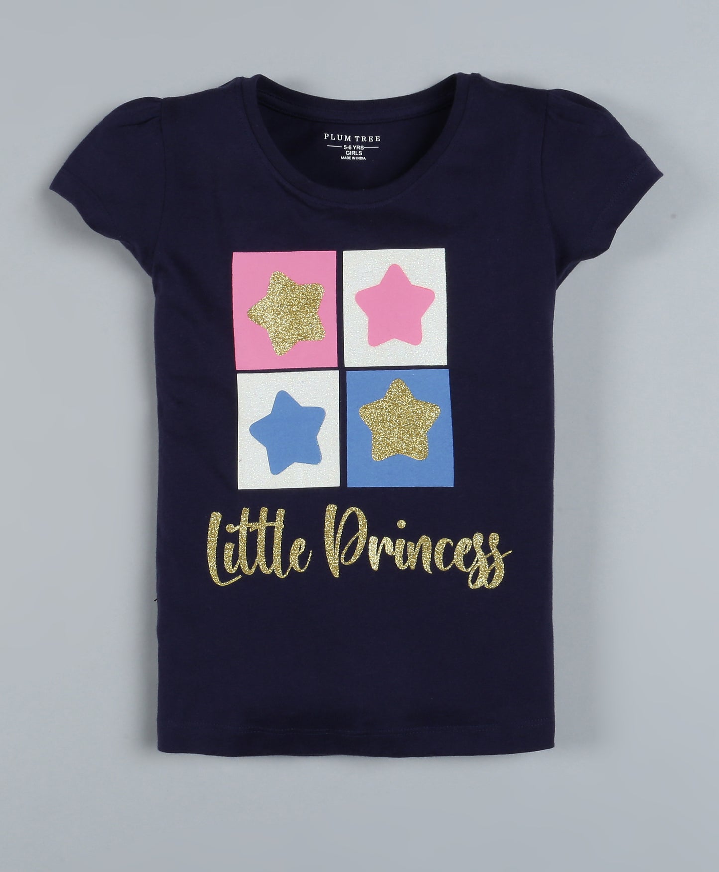 Plum Tree Girls Half Sleeve Little Princess Print T-shirt and Short( Pack of 2)-NAVY & ORANGE