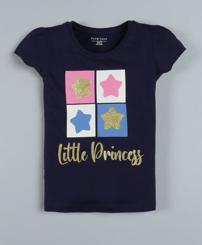 Plum Tree Girls Half Sleeve Little Princess Print T-shirt and Short( Pack of 2)-NAVY & ORANGE