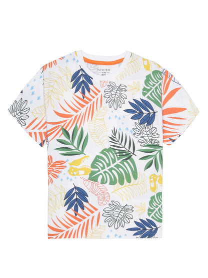 Boys 2 piece pure cotton All Over Printed Co-ordinating Top and Short Set-OFF WHITE TROPICAL AOP