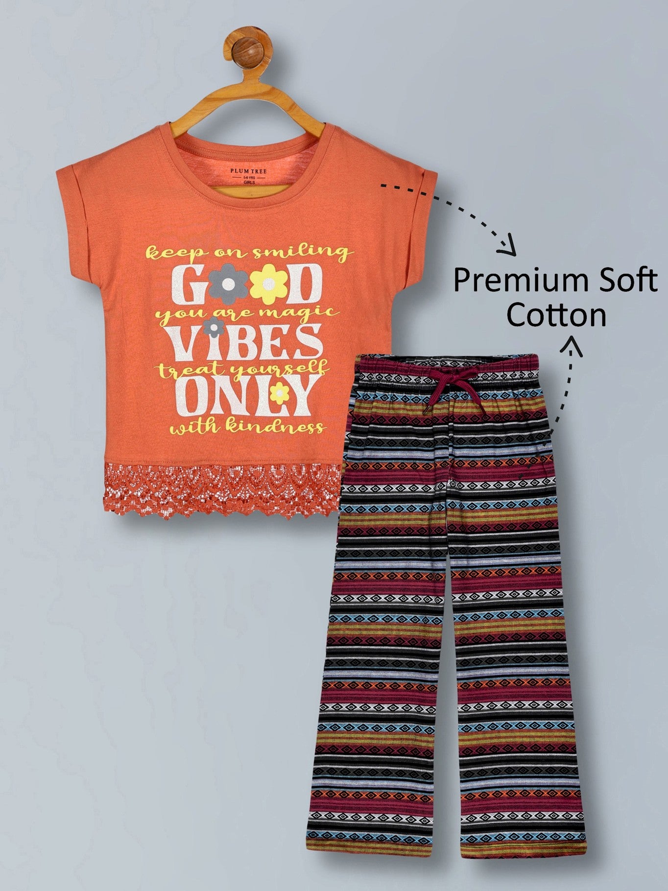 Girls Premium Cotton Crop Top with lace and Wide Leg Pant Set