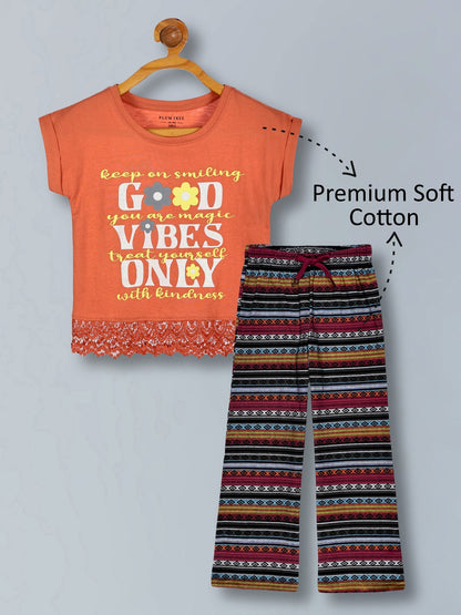 Girls Premium Cotton Crop Top with lace and Wide Leg Pant Set