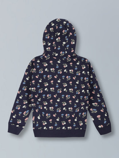 Girls Flower AOP & Just Be Yourself Hooded Cotton  sweatshirt - MidNight Navy
