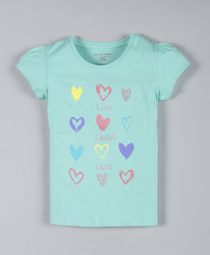 Plum Tree Girls Half Sleeve Heart Print T-shirt and Short( Pack of 2)-GREEN & NAVY
