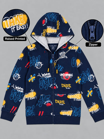 Boys Premium Soft Cotton Full Zipper Printed Hooded Sweatshirt
