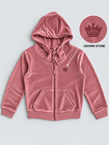 Girls Premium Velour Full Sleeve Solid Full-Zipper Hooded Sweatshirt