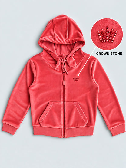 Girls Premium Velour Full Sleeve Solid Full-Zipper Hooded Sweatshirt