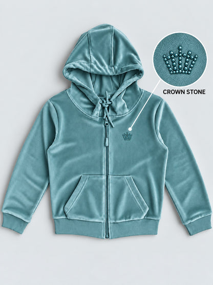 Girls Premium Velour Full Sleeve Solid Full-Zipper Hooded Sweatshirt