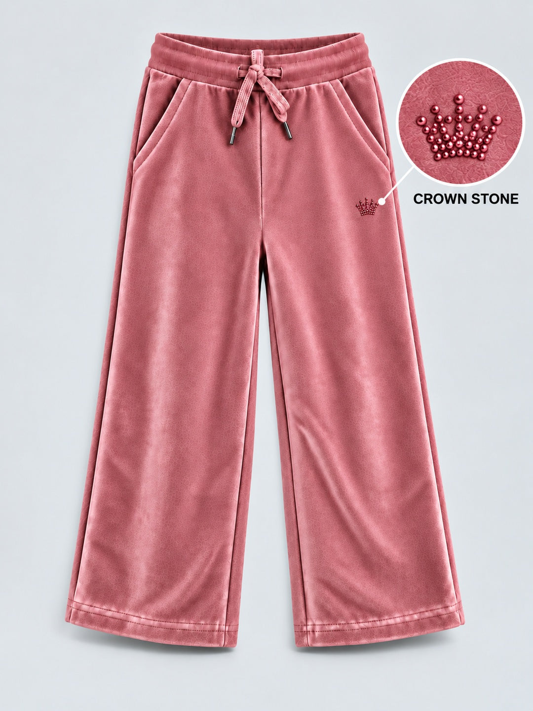 Girls Premium Velour Crown stone Printed Wide Leg Pant