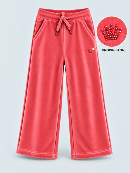 Girls Premium Velour Crown stone Printed Wide Leg Pant