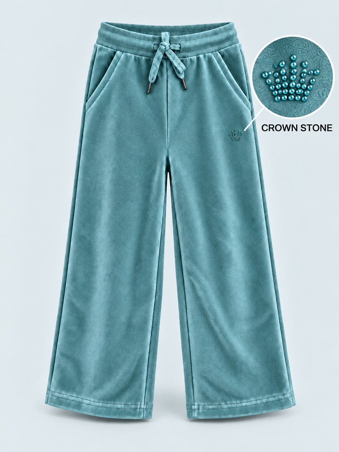 Girls Premium Velour Crown stone Printed Wide Leg Pant