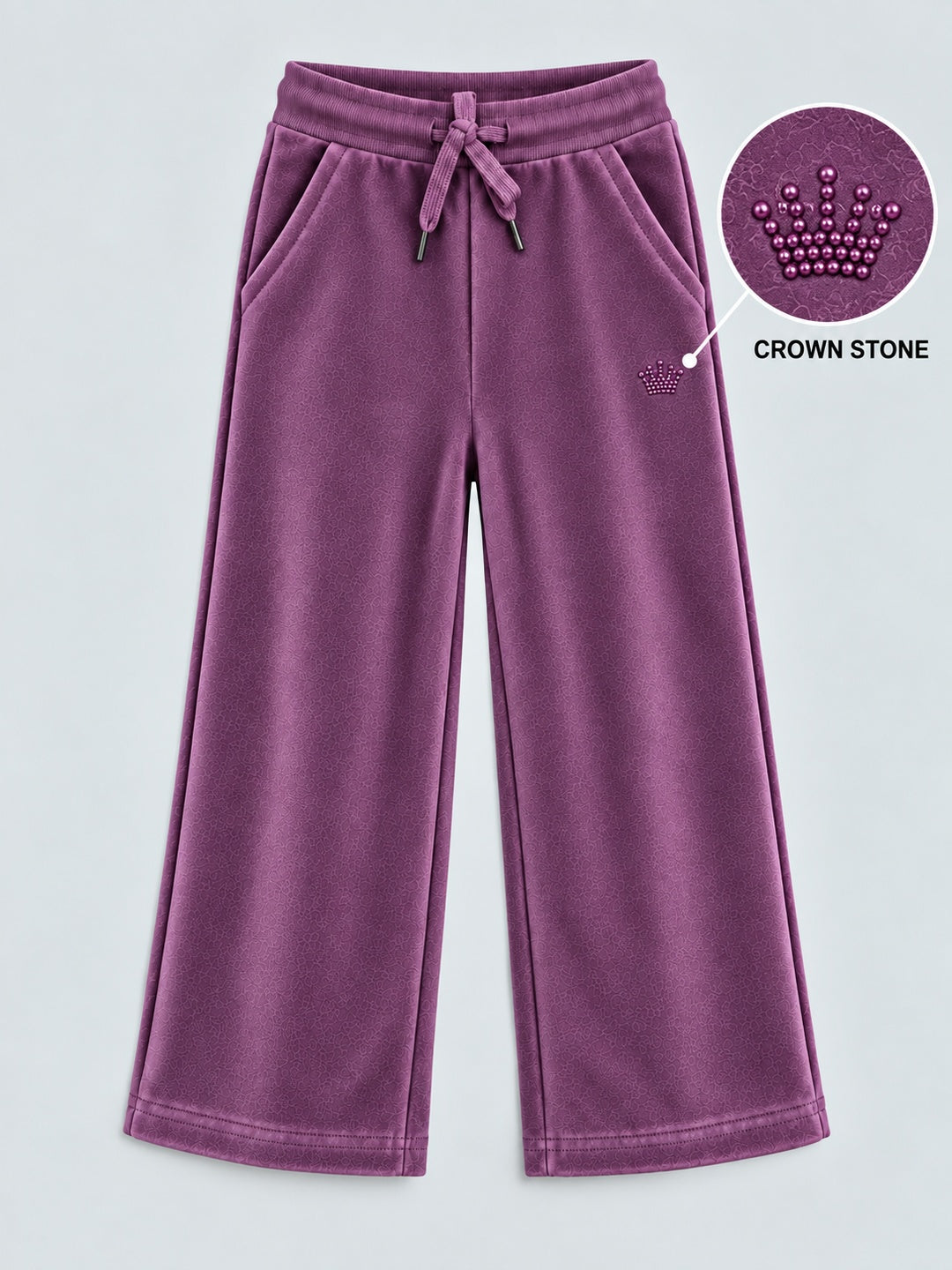 Girls Premium Velour Crown stone Printed Wide Leg Pant