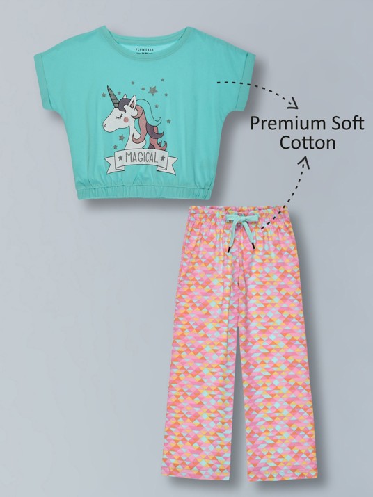 Girls Premium Cotton Crop Top with Elasticated waist  and Wide Leg Pant Set