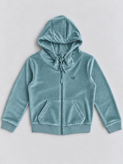 Girls Premium Velour Full Zipper Hooded Sweatshirt and Wide Leg Pant Set
