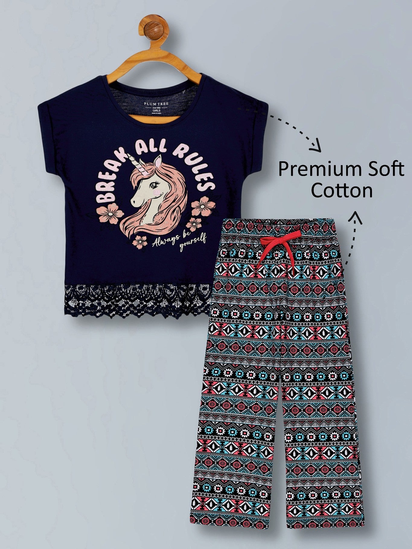 Girls Premium Cotton Crop Top with lace and Wide Leg Pant Set1.Round neck 2. Crop Top With Lace T-shirt  3.Gilter Printed 4. Sleveeless T-shirt 5.Wide Leg pant with Self Fabric Elasticated at waist  6.Lurex Drawcard with plastic tipping 7 .All Over Print