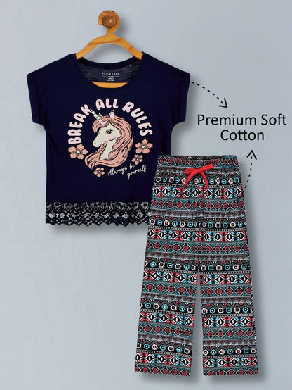 Girls Premium Cotton Crop Top with lace and Wide Leg Pant Set1.Round neck 2. Crop Top With Lace T-shirt  3.Gilter Printed 4. Sleveeless T-shirt 5.Wide Leg pant with Self Fabric Elasticated at waist  6.Lurex Drawcard with plastic tipping 7 .All Over Print
