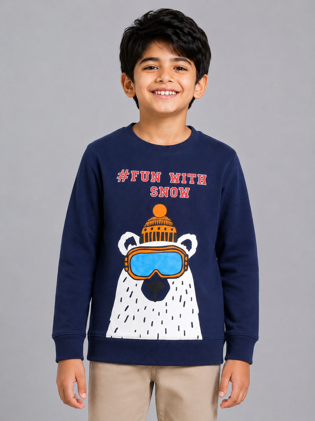 Boys Fun With Snow Print Round neck Pullover Sweatshirt- Navy