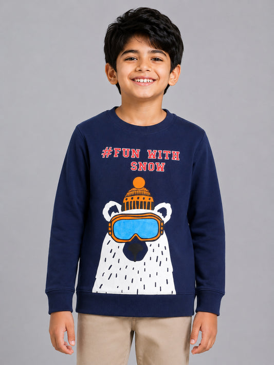 Boys Fun With Snow Print Round neck Pullover Sweatshirt- Navy