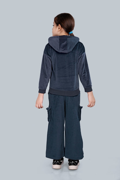 Girls Velour Zip-up Hoodie Sweatshirt and Wide Leg Cargo Pants
