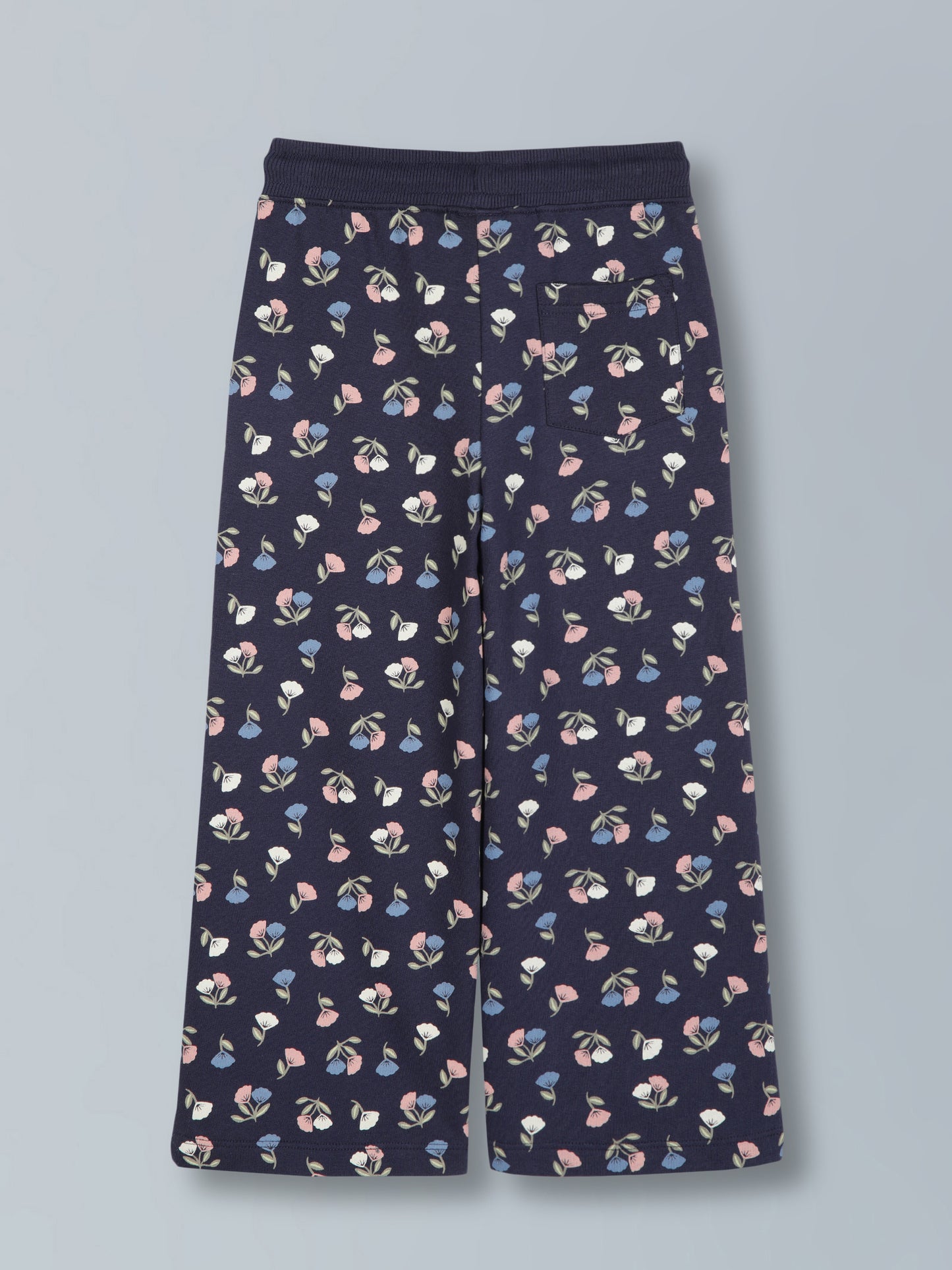Girls Flower AOP & Crown Stone wide leg relaxed Fit Cotton Trouser - Mid Navy