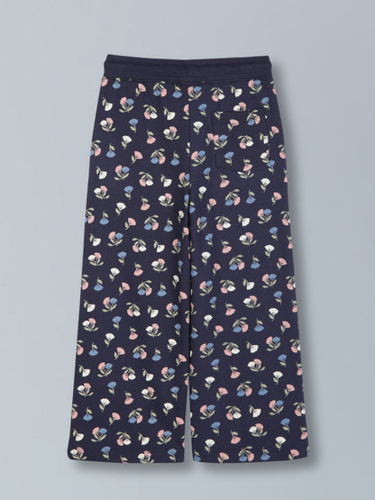Girls Flower AOP & Crown Stone wide leg relaxed Fit Cotton Trouser - Mid Navy