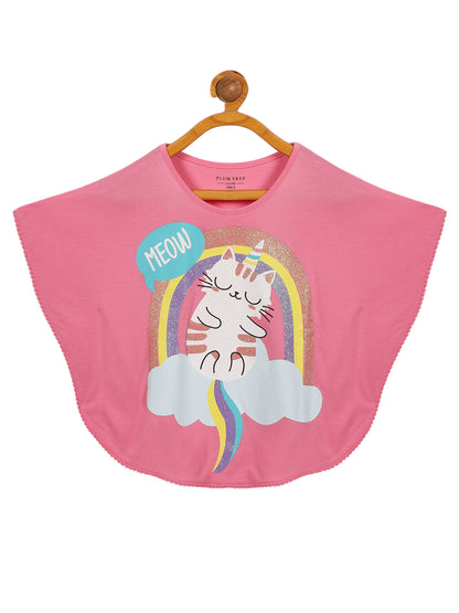 Girls Set of 2 printed Soft Rayon Poncho T-shirts-ROUGH PINK PEARL WHITE