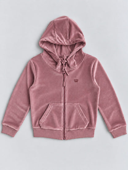Girls Premium Velour Full Zipper Hooded Sweatshirt and Wide Leg Pant Set