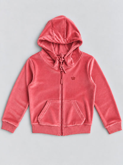 Girls Premium Velour Full Zipper Hooded Sweatshirt and Wide Leg Pant Set